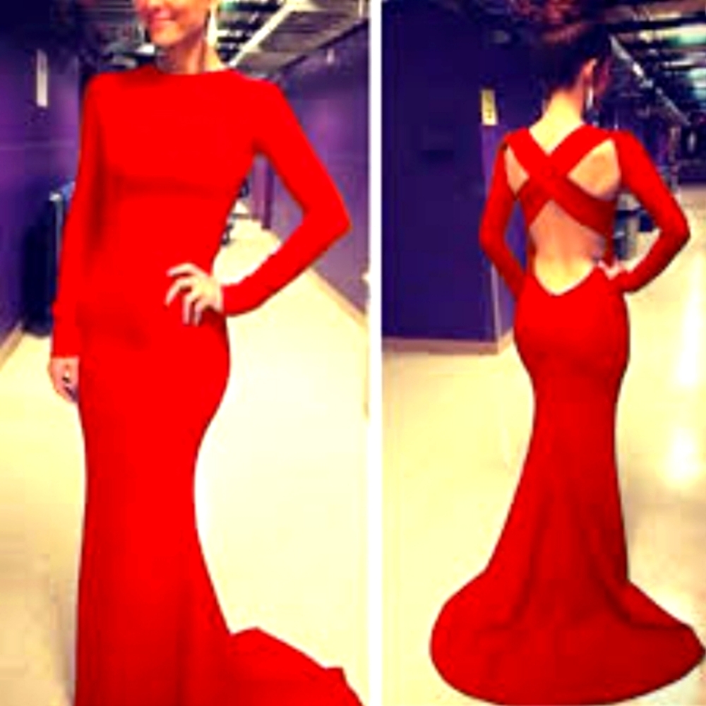 Long Sleeved Mermaid Satin Prom Floor Length Evening Dress open back crisscross